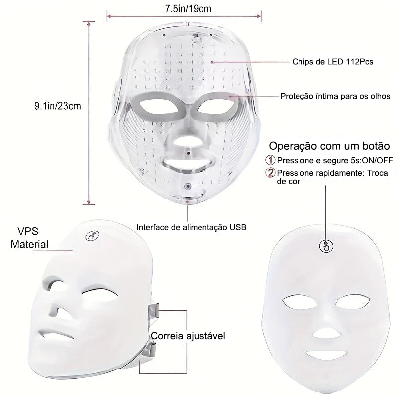 LumiThera-Máscara LED Facial 7 Cores – Fototerapia Profissional para Acne, Manchas, Anti-idade e Skincare